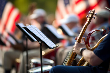 Fototapeta premium A band performing patriotic music at a community event, Independence Day, bokeh Generative AI
