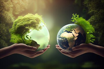 World environment day concept: Two human hands holding earth globe over green forest. Generative Ai