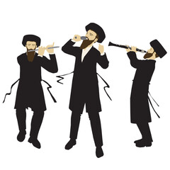 A painting of a singer and flute and clarinet players Hasidic Jewish Orthodox observant, singing and dancing. Dressed in a jacket, a black suit and a Streimel. with a sash.
Colorful vector. Isolated.