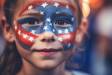 American flag-inspired face paint on children's cheeks, Independence Day, bokeh Generative AI