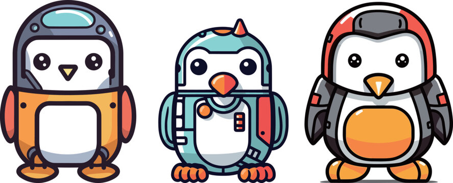 Cute mechanical penguin cartoon vector illustration, logo