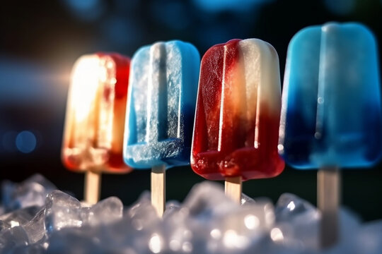 Festive red, white, and blue popsicles melting in the summer heat, Independence Day, bokeh Generative AI