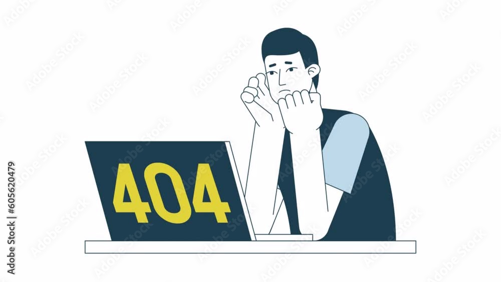 Poster laptop frustration 404 animation. asian young student stressed. empty state 4k video concept footage