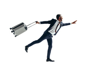 Businessman with a suitcase hailing a taxi on a transparent background