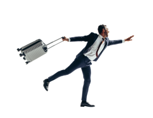 Businessman with a suitcase hailing a taxi on a transparent background