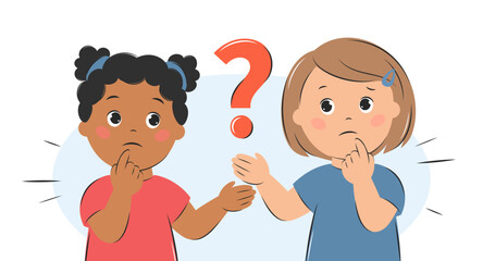 Children ponder the question. Cartoon characters girls for children design. Knowledge and education concept. Vector illustration