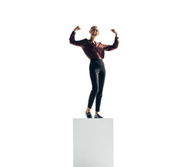 Victorious businesswoman celebrating her career success on a transparent background