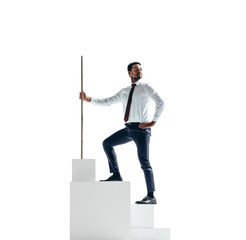 Businessman climbing to the top of a staircase on a transparent background