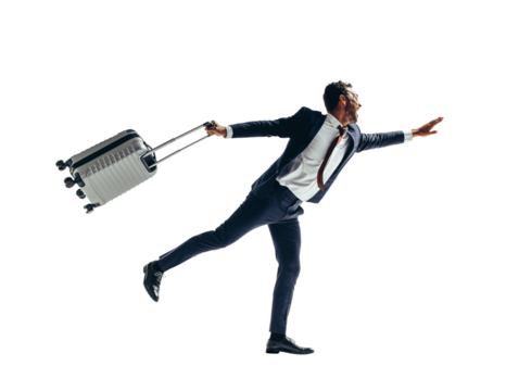Businessman with a suitcase hailing a taxi on a transparent background
