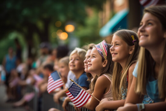 Friends and family watching a parade from the sidewalk, Independence Day, bokeh Generative AI