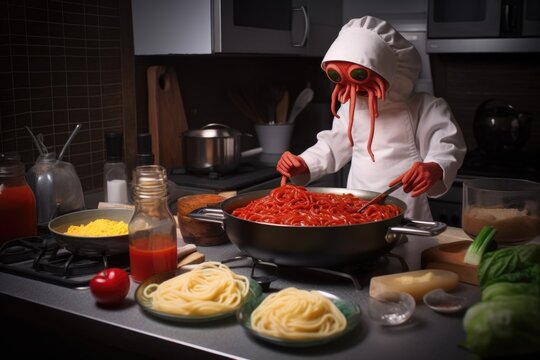 Alien Chef, Preparing Pasta With Red Sauce And Cheese For Dinner, Created With Generative Ai