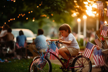 Children decorating bikes with flags and streamers, Independence Day, bokeh Generative AI
