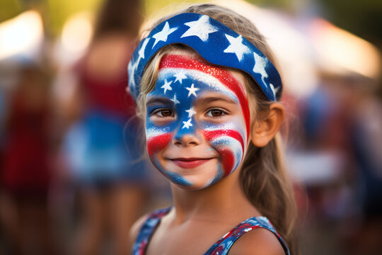 Patriotic-themed face painting booth at a community fair, Independence Day, bokeh Generative AI