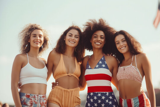 Group of friends wearing American flag-themed outfits, American Flag, Independence Day Generative AI