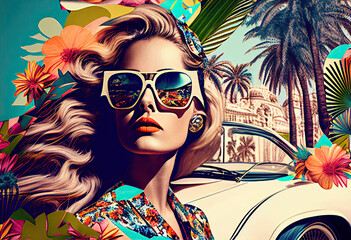Retro print style summer poster. Fashion woman with red flowers and palm trees. Generative AI