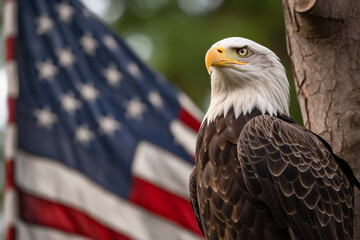 Naklejka premium Bald eagle perched on a branch with an American flag in the background, American Independence Day symbols, Independence Day Generative AI