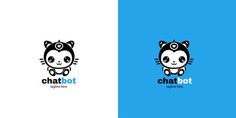 Robot cat chatbot head icon sign  design vector illustration  on white and blue background. Cute AI bot helper mascot character concept symbol business 