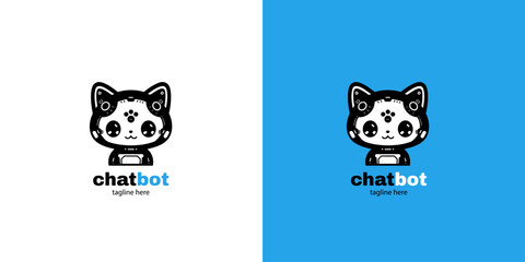 Robot cat chatbot head icon sign  design vector illustration  on white and blue background. Cute AI bot helper mascot character concept symbol business 