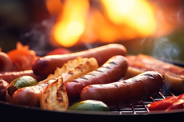 BBQ grill with sizzling hamburgers and hot dogs, Independence Day, bokeh Generative AI