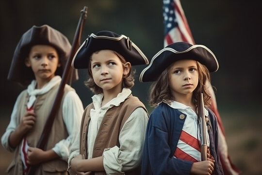 Group of children dressed as iconic American historical figures, American Independence Day symbols, Independence Day Generative AI