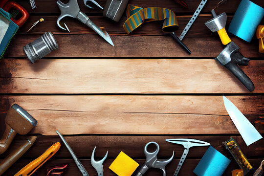 tie and tools on a rustic wood banner background. Generative Ai