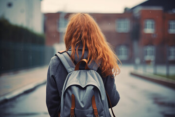Fototapeta premium A girl's back with backpack and school building in background. A student standing in the front of school at cloudy weather. Back to school. AI Generative.