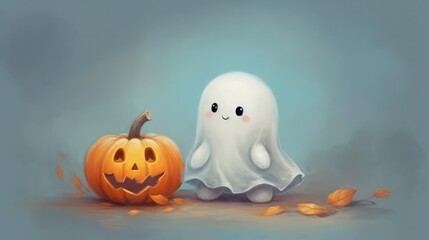 cute and funny ghost reading a book cute and funny ghost with pumpkin friend. halloween Generative AI