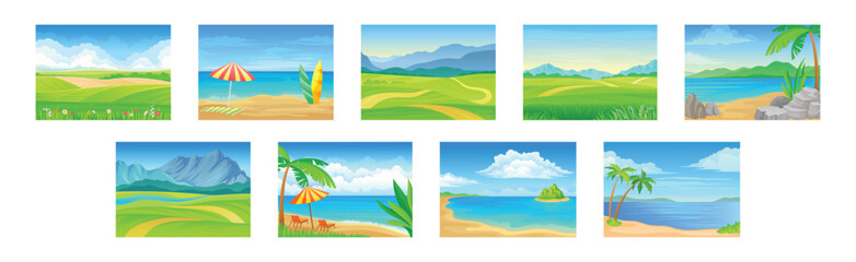 Landscape Panorama View with Green Field and Sea Shore Vector Set
