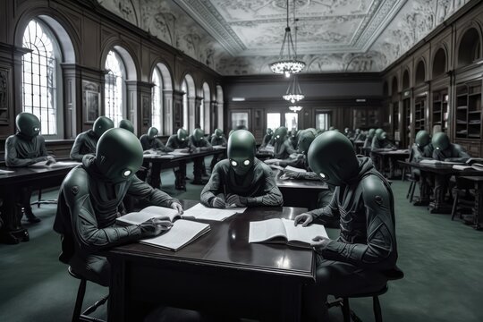 a group of aliens in the library, studying for upcoming exams, created with generative ai