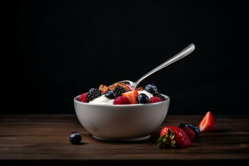 Fruit-yogurt bowl with spoon on brown surface, black & dark background. Generative AI