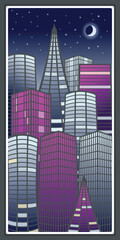 Buildings towers and skyscrapers of a modern night city, vertical banner, vector image