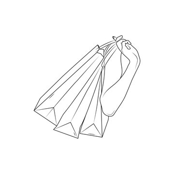 recommend clip art: Hand holding paper bags. Line art. Shopping, delivery concept. Hand drawn vector illustration.