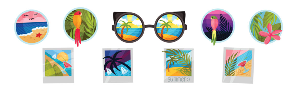 Sunglasses and Photo Card with Ocean or Sea Shore with Palm Tree and Foliage Vector Set