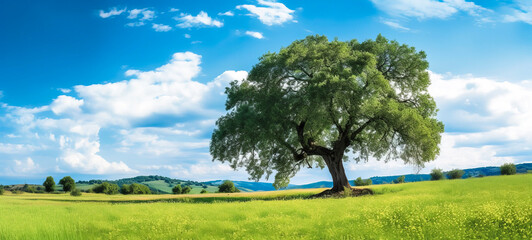 A serene green summer meadow, adorned with vibrant flowers, embraces an ancient oak tree, painting a picturesque atmospheric landscape. Ai-genereted