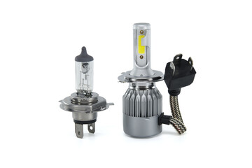 H4 halogen lamp and LED headlight bulb on white