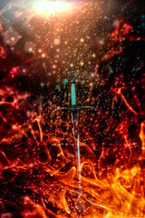 Magic sword on fire background