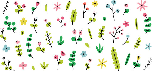 Simple doodle flowers, leaves, branches, and plants. Minimalist spring floral set. Flat vector illustration.