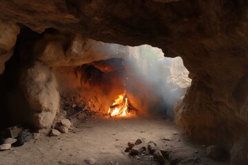 view of cave-in with smoke and fire burning at the entrance, created with generative ai