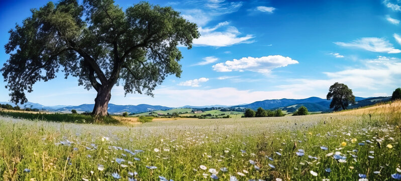 A serene green summer meadow, adorned with vibrant flowers, embraces an ancient oak tree, painting a picturesque atmospheric landscape. Ai-genereted