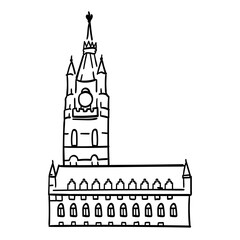 Hand drawn doodle outline icon of european building.