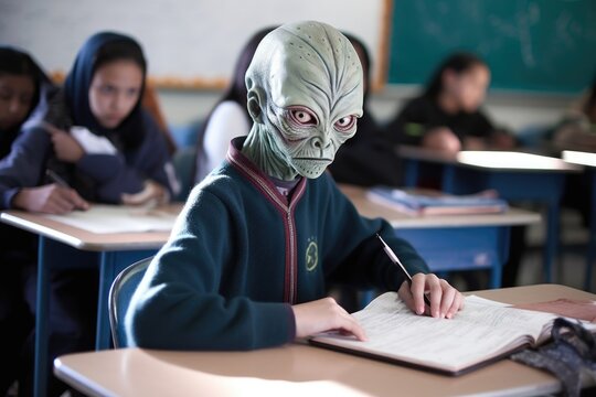 alien student, taking notes while teacher lectures, in classroom setting, created with generative ai