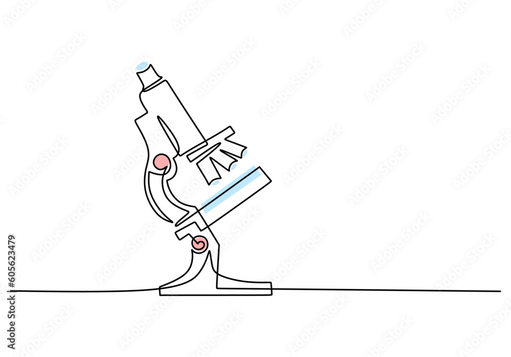 Poster microscope - laboratory equipment and tools object, one line drawing continuous design, vector illus