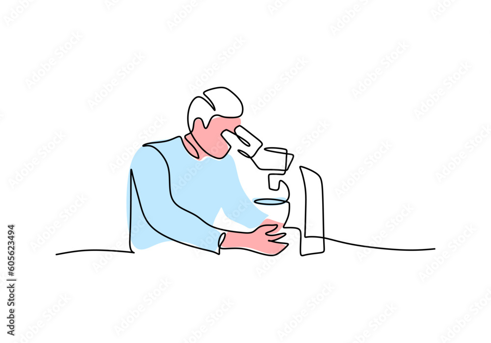 Poster microscope - laboratory equipment and tools object, one line drawing continuous design, vector illus