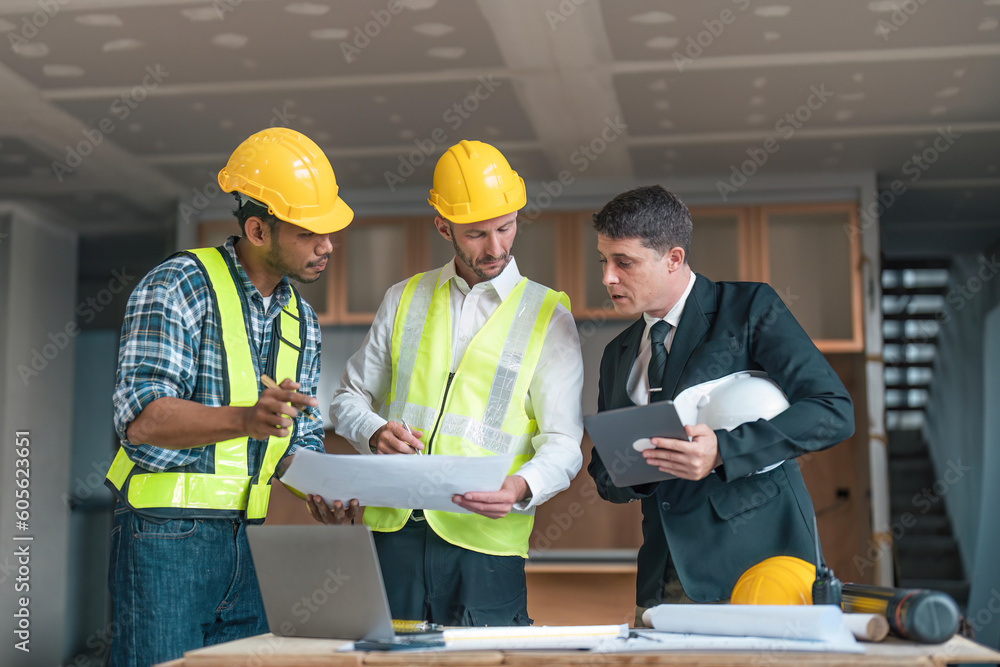 Poster professional construction engineers team using blueprint of project plan brainstorming and working t