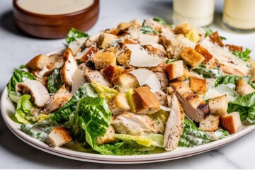 plate of chicken caesar salad, with rotisserie chicken, croutons and creamy dressing, created with generative ai - obrazy, fototapety, plakaty