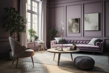 Fototapeta na wymiar Scandinavian style living room in lilac color scheme, digitally illustrated with abstract concept. Generative AI