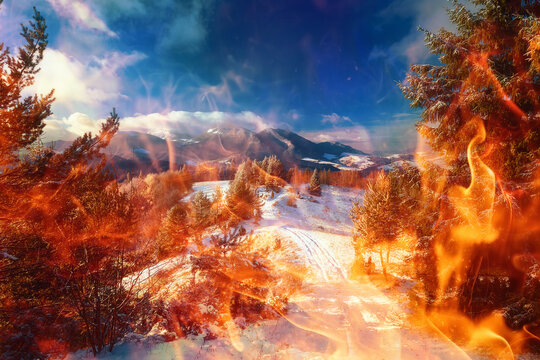 Beautiful mountain snowy landscape and forest path. Beautiful sunny day in the mountains. Fire effect.