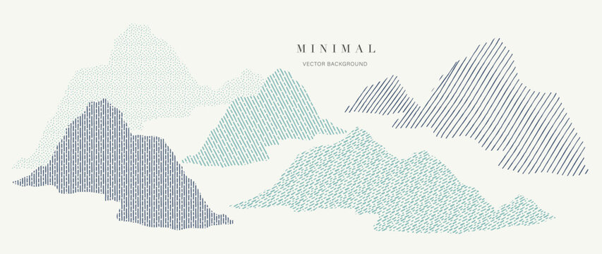 Mountain In Oriental Style Background Vector. Chinese Landscape With Dot Pattern, Hills, Line Art, Japanese Pattern. Minimal Mountains Art Wallpaper Design For Print, Wall Art, Cover And Interior.