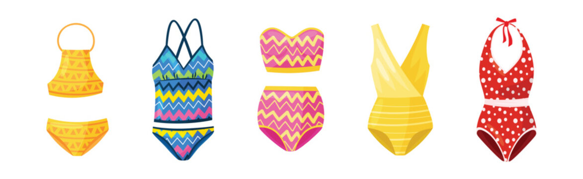 Stylish Swimsuit as Clothing for Sun Bathing and Water Sport Activity Vector Set