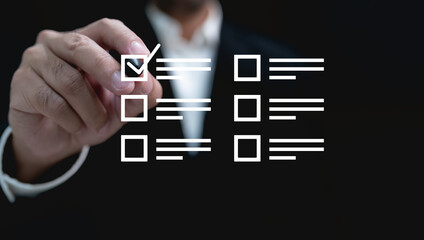 Questionnaire online with checkboxes, Businessman Take an assessment, Evaluation, Online survey online exam Choosing the right answer in the exam, Test questions. Filling out an online survey form.